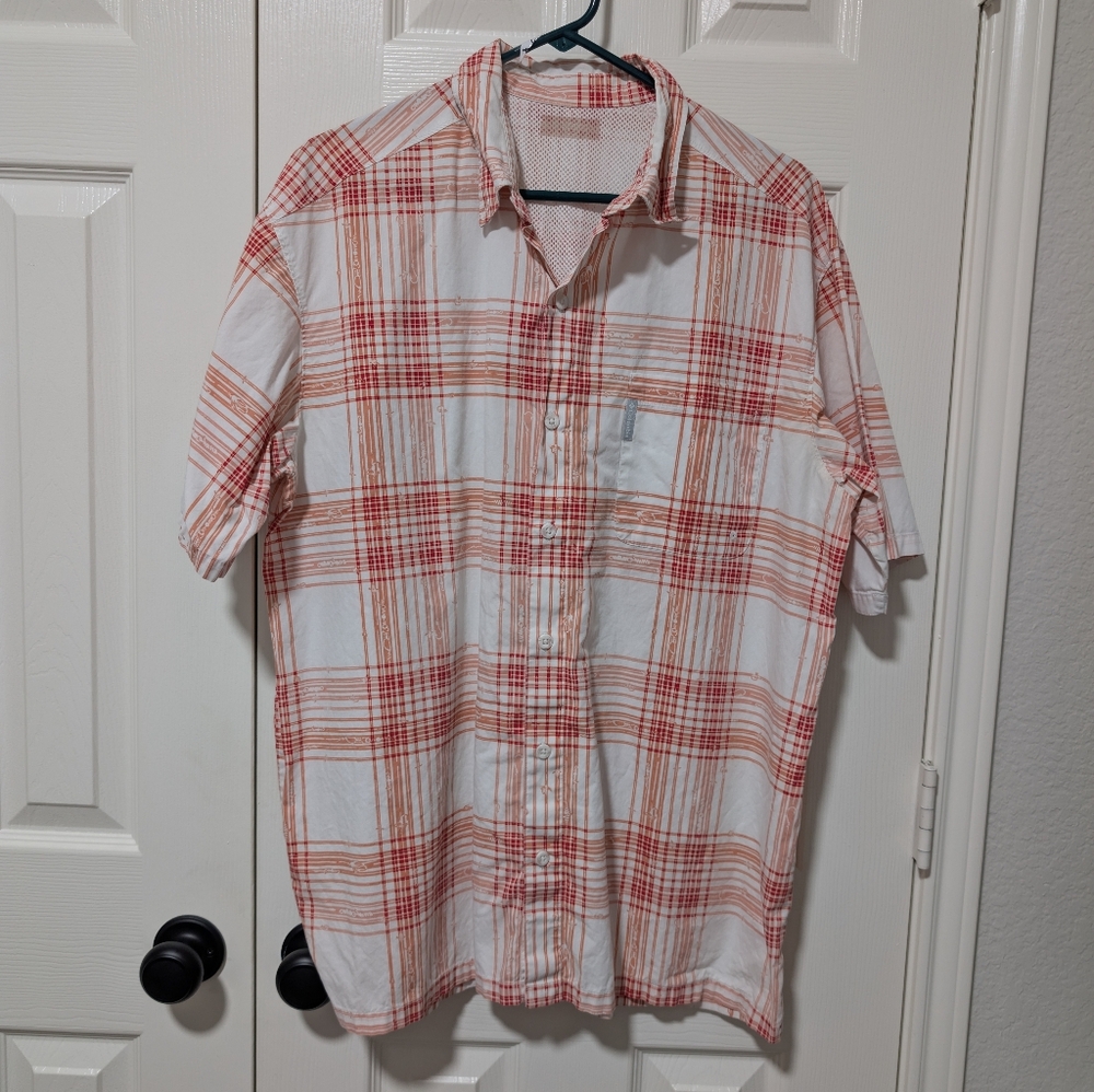 2/$10 Columbia Red/White/Salmon Plaid Short Sleeve PFG Shirt